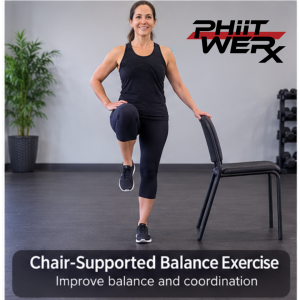 Person using a chair for support while practicing a standing balance exercise in Chair Yoga.